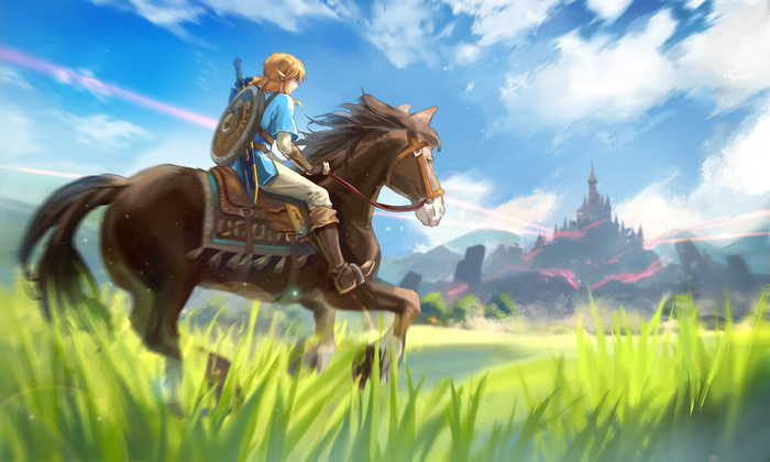 Link from The Legend of Zelda: Breath of the Wild riding a horse