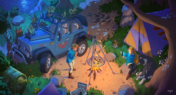 Link and Zelda camping with Koroks and a wolf