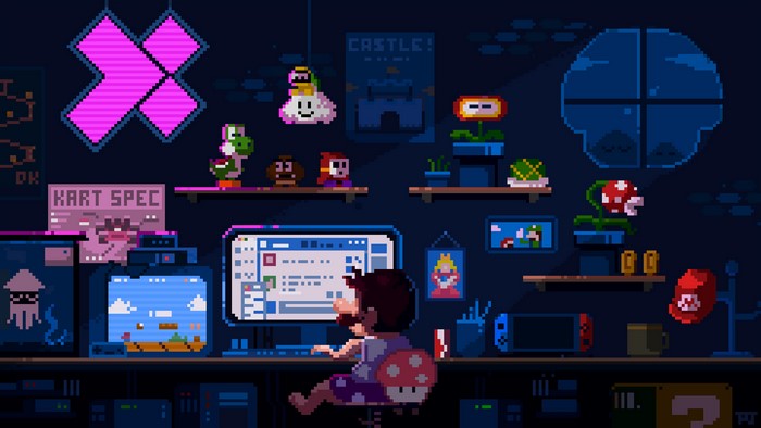 Pixel art room with Super Mario characters and computer
