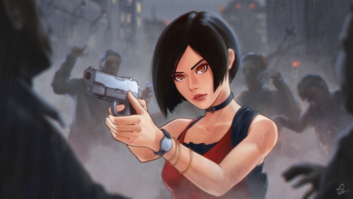 Ada Wong from Resident Evil aiming a gun