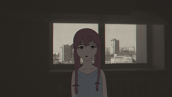 Girl in a room with a view of Soviet-era buildings
