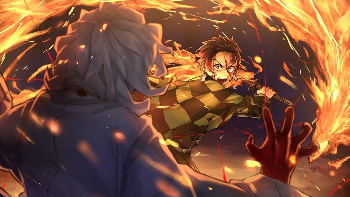 4K artwork of Tanjiro Kamado from Kimetsu no Yaiba in battle with a demon