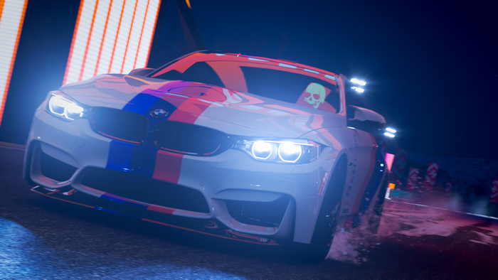 BMW M4 with skull decal in Forza Horizon 4 at night