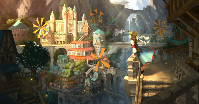 Fantasy medieval town with windmills and a girl on a balcony