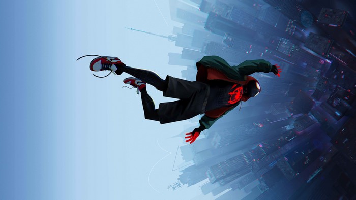 Spider-Man from Into the Spider-Verse falling through a city