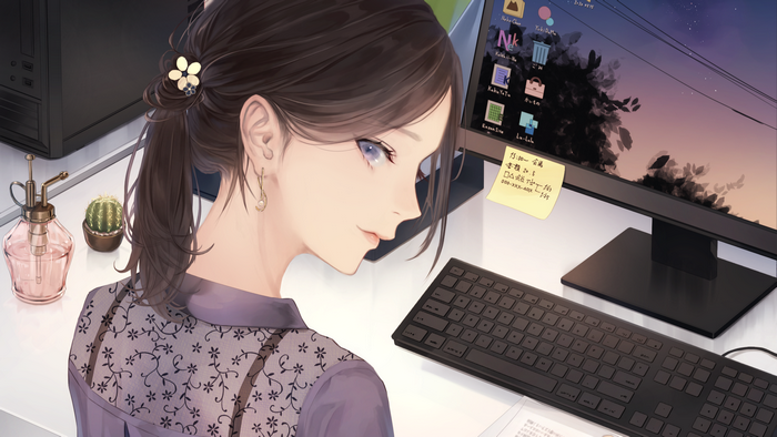Anime girl at a computer desk