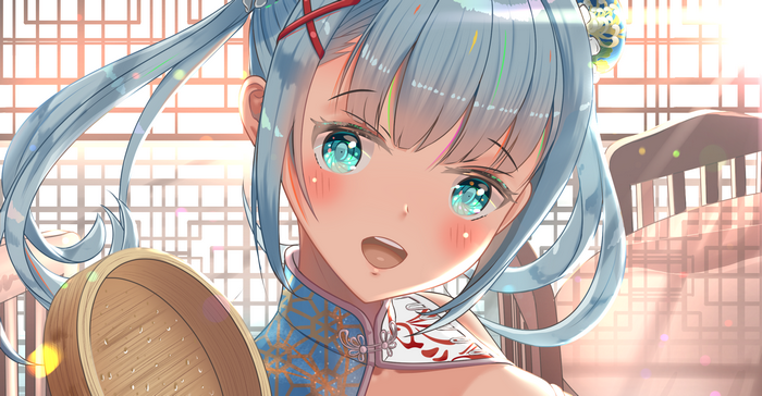 Anime girl with blue hair and blue eyes
