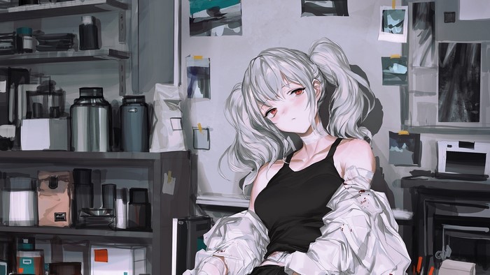 Anime girl with white twintails and red eyes