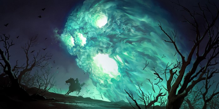 A rider on a horse approaches a swirling mass of spectral faces