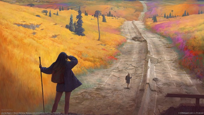 Apocalyptic road with travelers and colorful fields
