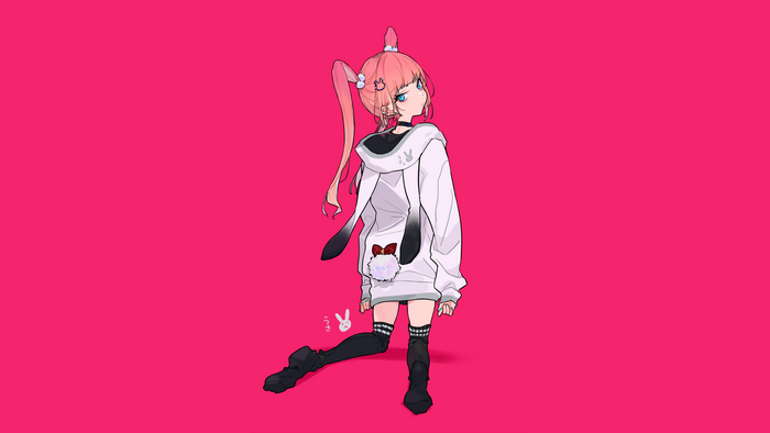 Anime girl with pink hair and bunny hoodie kneeling