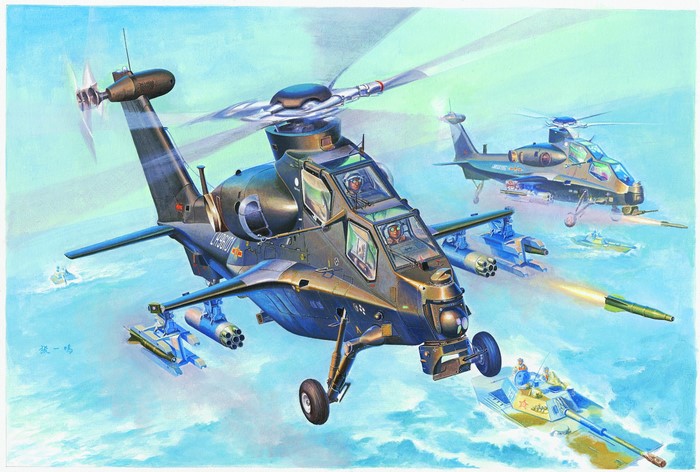 Chinese WZ-10 helicopters attacking tanks and boats