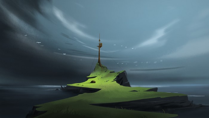 Island with a tower and birds