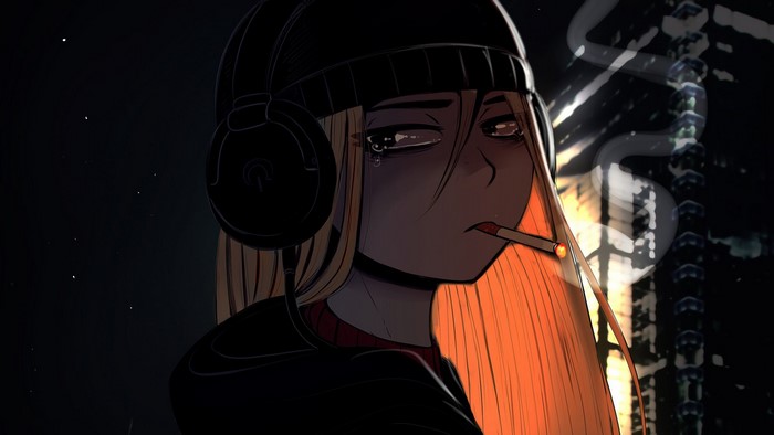 Woman crying and smoking at night with headphones