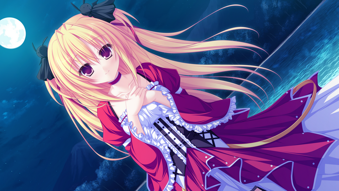 Anime girl with blonde hair and purple eyes in a red dress