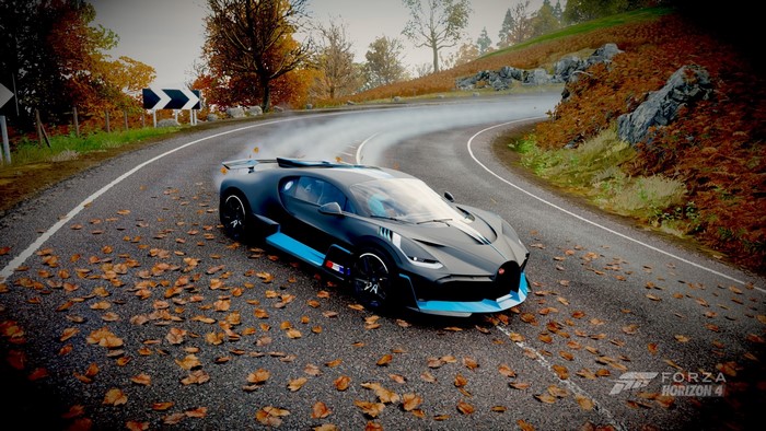Bugatti Divo drifting on a road in Forza Horizon 4