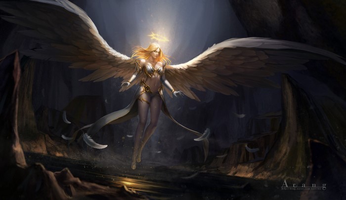 Angel with large wings floating in a dark cave
