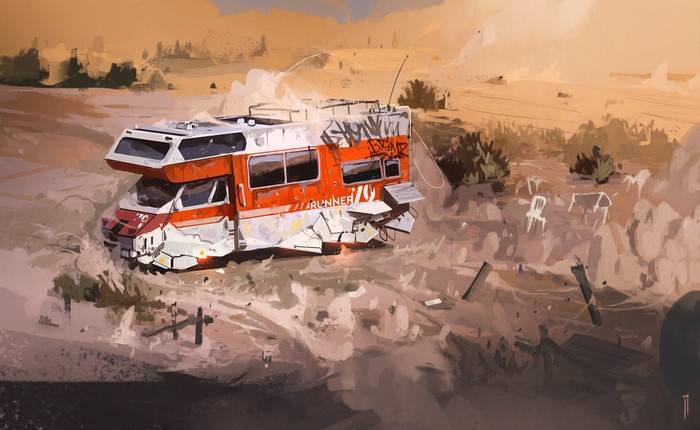 Artwork of a damaged RV in a desert landscape
