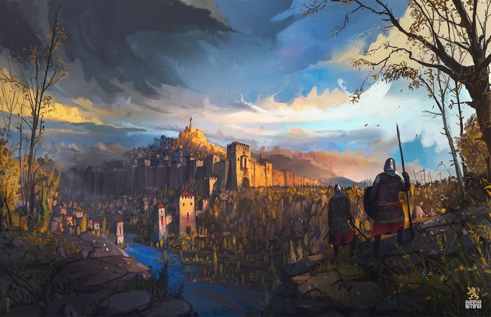 Fantasy medieval city with soldiers and river by Ismail Inceoglu