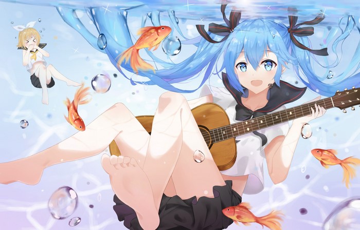 Hatsune Miku and Rin playing guitar underwater with fish