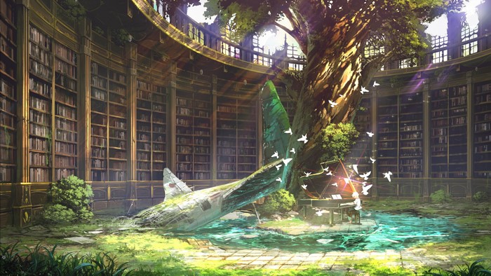 Anime library with a crashed plane and a piano