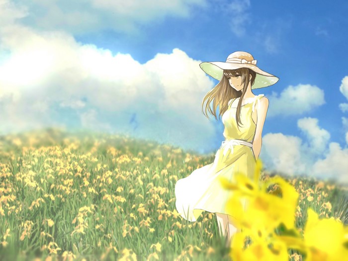 Anime girl in yellow dress and hat in a field of flowers