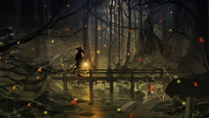 Samurai with lantern walking on a bridge in a forest