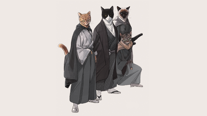Four anthropomorphic cats in samurai attire
