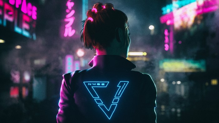 Woman in cyberpunk city with neon lights