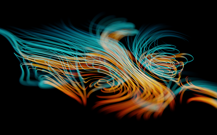 Abstract digital art with cyan and orange wavy lines on black background