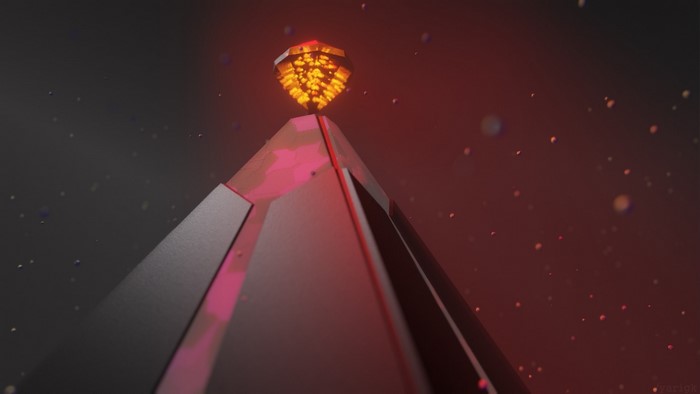 3D rendered pyramid with glowing crystal on top
