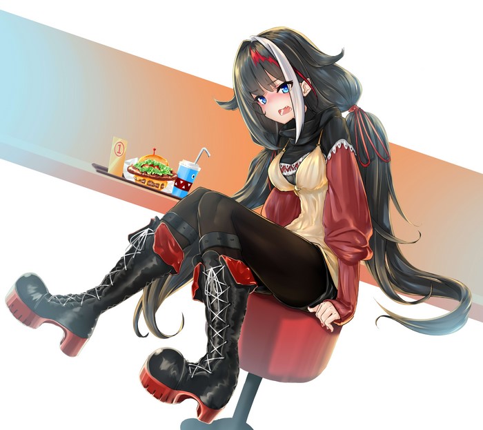 Anime girl with black hair and red accents, holding a burger and drink