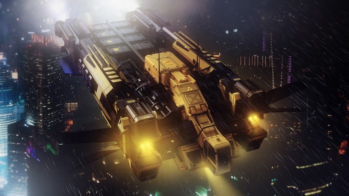 Futuristic cargo ship flying over a rainy neon city