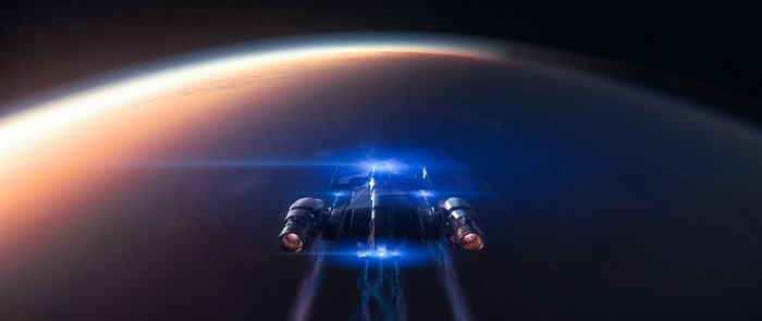 Cutlass Black spaceship flying over a planet in Star Citizen
