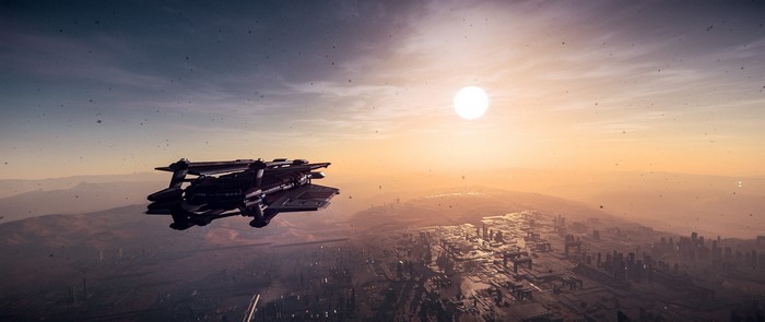 Spaceship flying over alien city at sunset