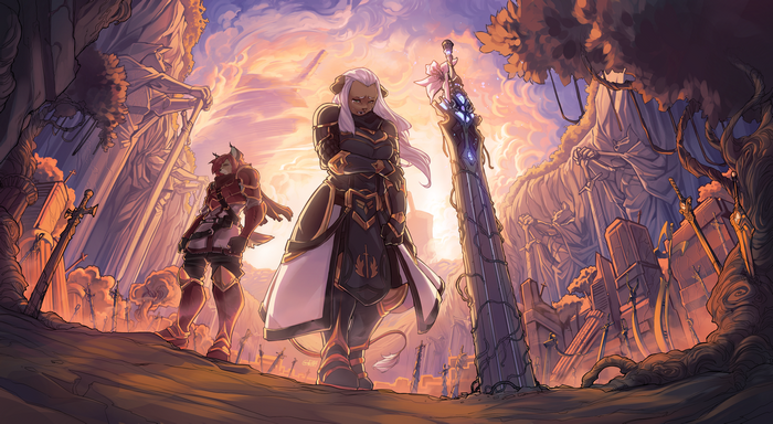 Anthro characters in a ruined landscape with giant statues