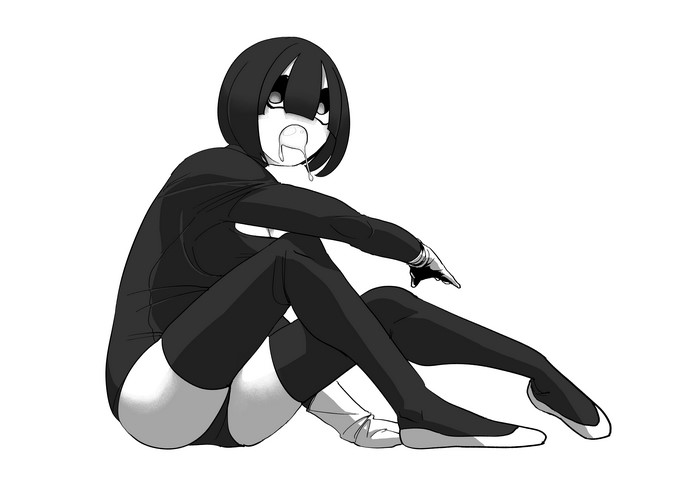 Artwork of a character with black hair and black stockings