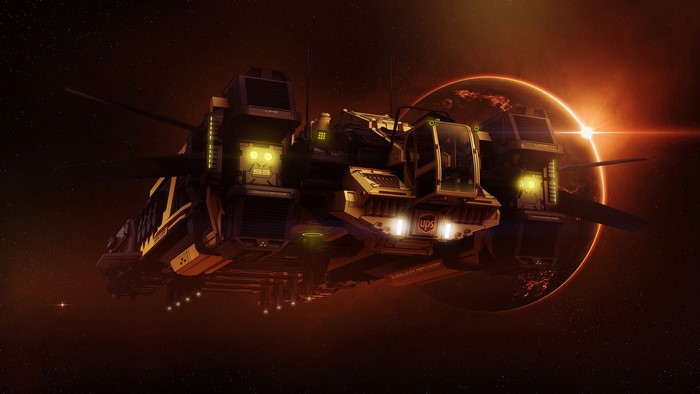 Futuristic UPS spaceship in front of a planet
