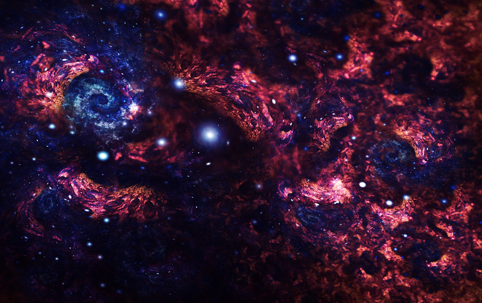Cosmic nebula with swirling galaxies and stars
