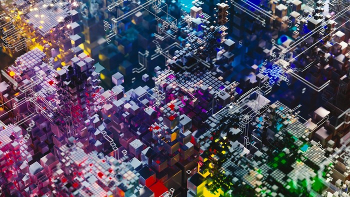 Abstract 3D render of colorful cubes and digital structure