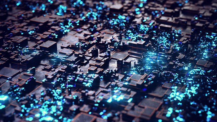 3D abstract digital art with glowing cyan cubes