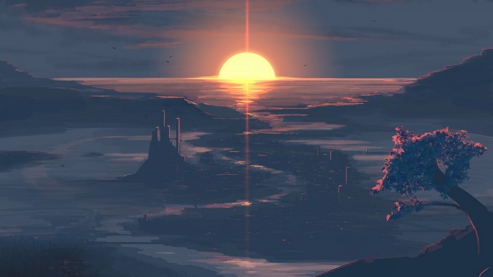 Digital art artwork of a city at sunset