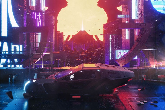 Futuristic city with flying vehicle, Blade Runner 2049