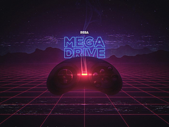 Sega Mega Drive controller on a neon grid