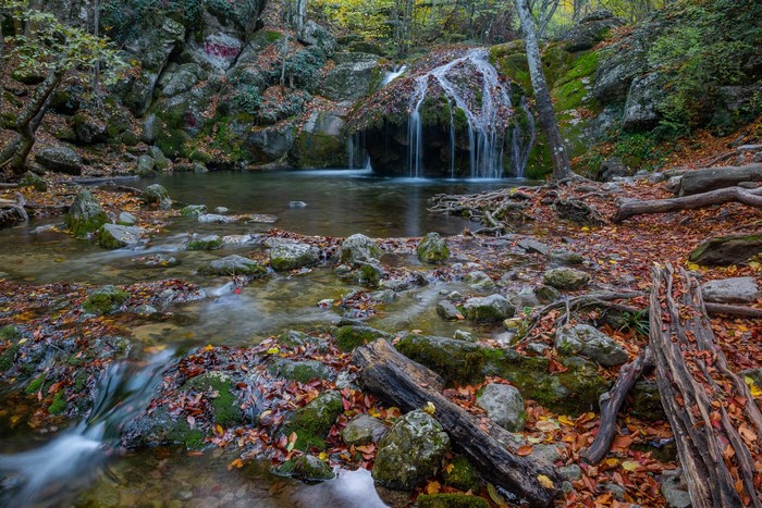 Waterfall in a forest during autumn