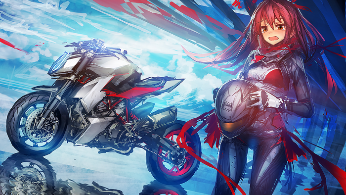 Redhead girl with motorcycle and helmet