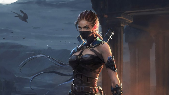 Fantasy warrior woman with sword at night