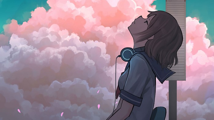 Anime girl with headphones looking up at clouds
