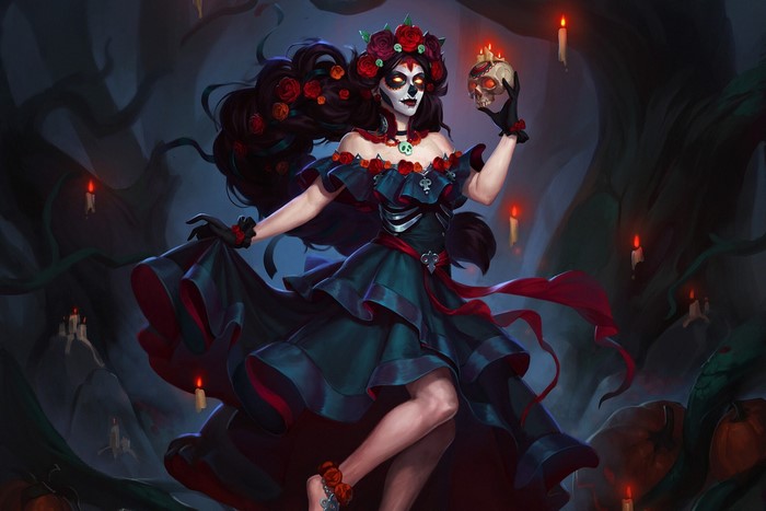 Dia de los Muertos woman with skull and candles