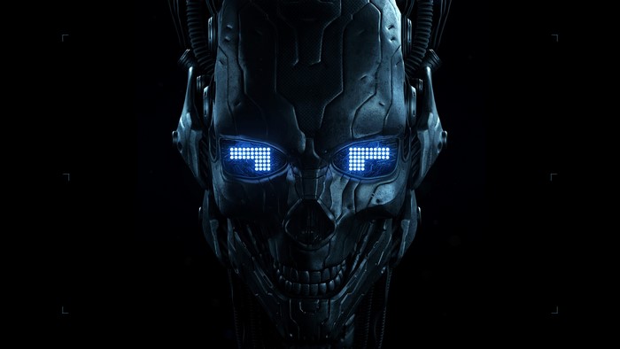 Close-up of a futuristic robotic skull with glowing blue eyes